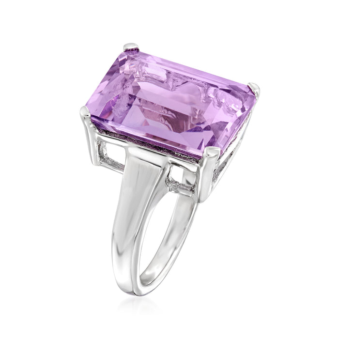 Sterling silver amethyst ring showing angled view of the square-cut center stone