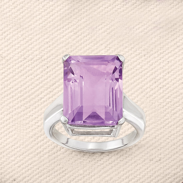 Sterling silver amethyst ring with square-cut purple gemstone and split-prong band