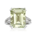 Sterling silver prasiolite ring with emerald-cut center and white topaz halo