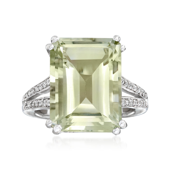 Sterling silver prasiolite ring with emerald-cut center and white topaz halo
