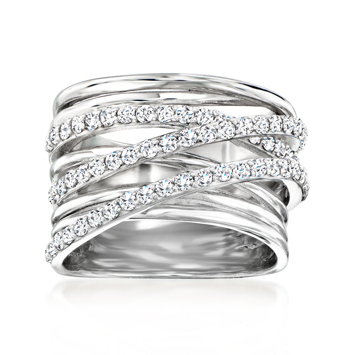 Sterling silver highway zircon ring with white stones on crisscross stacked bands