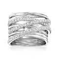 Sterling silver highway zircon ring with white stones on crisscross stacked bands