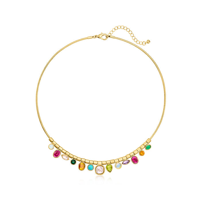 Gold-plated necklace with multi-color simulated gemstone drops and slim chain