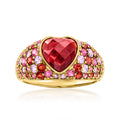 Heart-shaped red garnet ring with multi-color gemstone halo on gold band