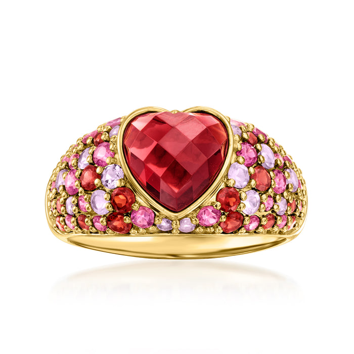 Heart-shaped red garnet ring with multi-color gemstone halo on gold band