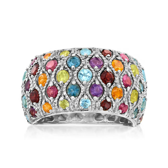 Sterling silver dome ring with multi-color gemstones in openwork bezel setting