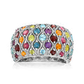 Sterling silver dome ring with multi-color gemstones in openwork bezel setting