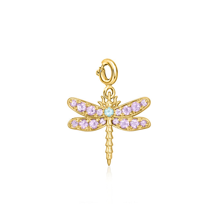 Gold dragonfly charm with purple stones and blue center, on a hinged loop