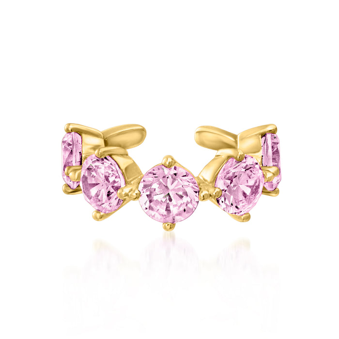 Gold-tone three ear cuffs with bright pink simulated gemstones and scalloped prong tops