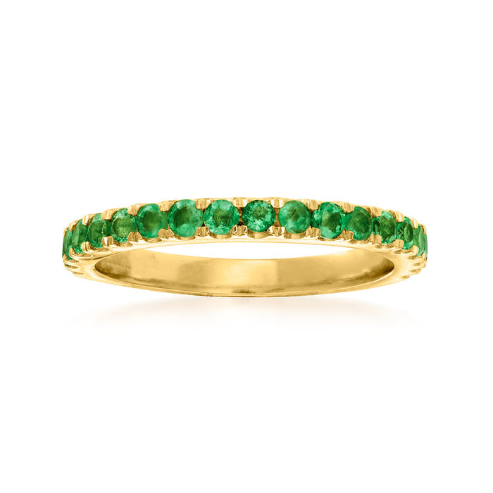 18kt gold over sterling emerald ring with green round stones, polished band