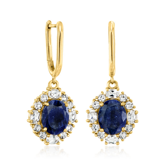 6.50 ct. t.w. Sapphire and 2.80 ct. t.w. White Topaz Drop Earrings in 18kt Gold Over Sterling