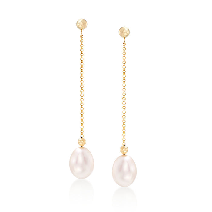 14kt yellow gold drop earrings with bead chain and oval cultured pearl dangles