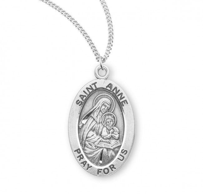 .9" St Anne SS Small Oval Medal Necklace 18" Chain