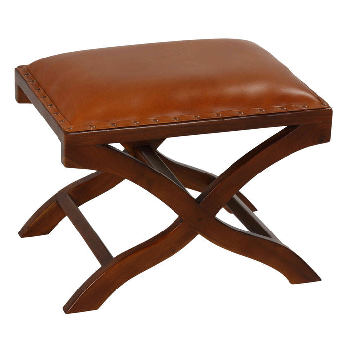 Bare Decor Daniela X Bench Ottoman in Genuine 100% Leather and Teak, Brown