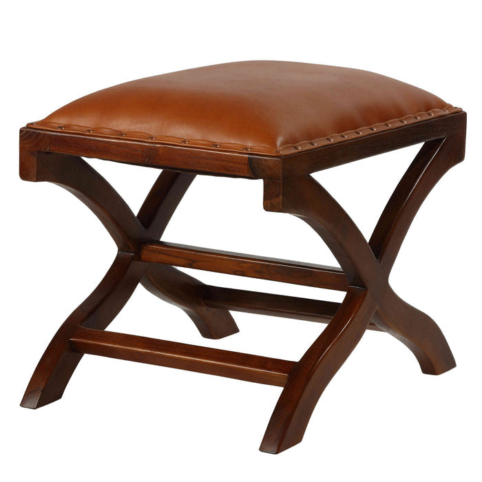 Bare Decor Daniela X Bench Ottoman in Genuine 100% Leather and Teak, Brown