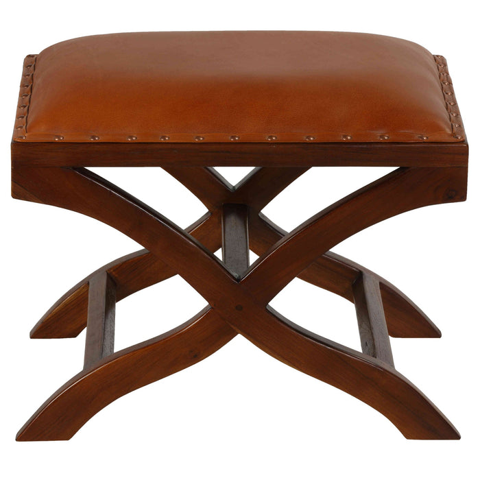 Bare Decor Daniela X Bench Ottoman in Genuine 100% Leather and Teak, Brown
