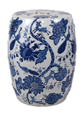 Blue and White Floral Motif Porcelain Garden Stool 18"