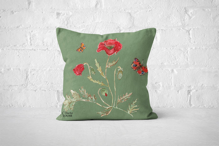 Botanical Watercress Poppies Cushion