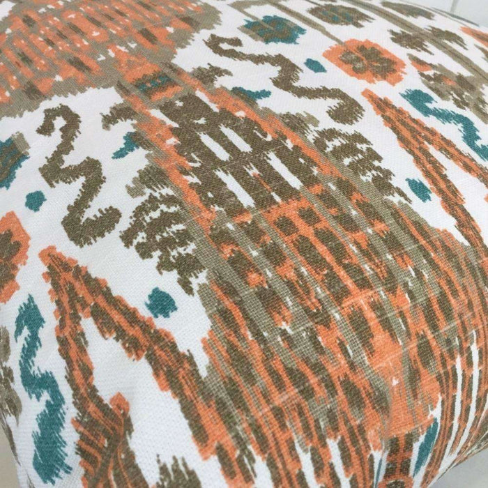 Designer Bombay Orange Teal Brown Cream Ikat Pillow Cover (Made From Lacefield Designs Fabric)