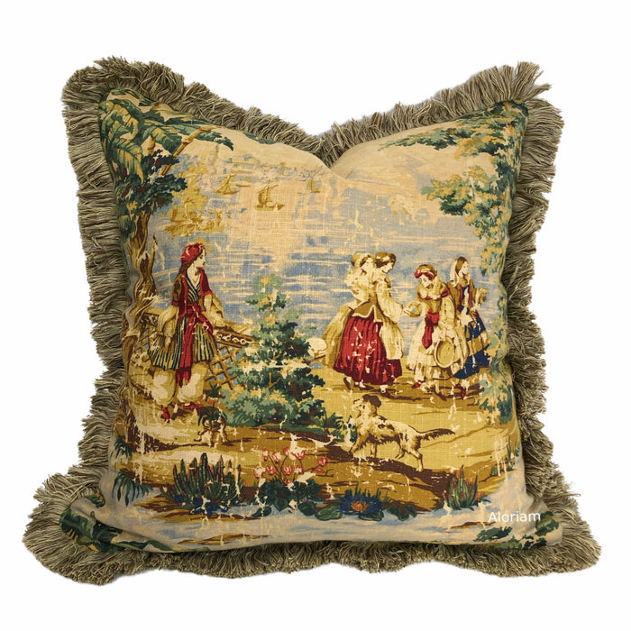 (CLEARANCE) Bosporus Billiard Green Crimson Old World Scenic Landscape Toile Pillow Cover with Brush Fringe Trim
