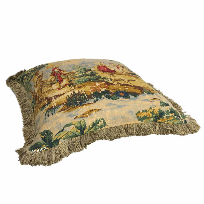 (CLEARANCE) Bosporus Billiard Green Crimson Old World Scenic Landscape Toile Pillow Cover with Brush Fringe Trim