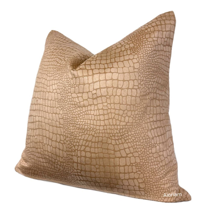 (CLEARANCE) Fabricut Dundee Tan Faux Suede Alligator Crocodile Pattern Pillow Cover (Fabric by the Yard available) - Aloriam