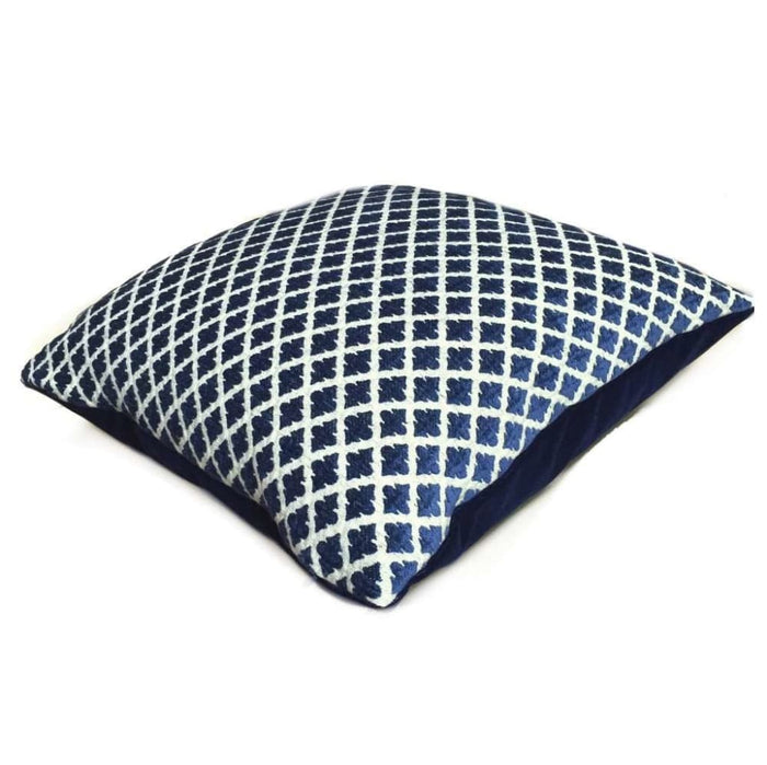 Highland Court Hartwell Indigo Blue Cream Diamond Geometric Chenille Velvet Pillow Cover
