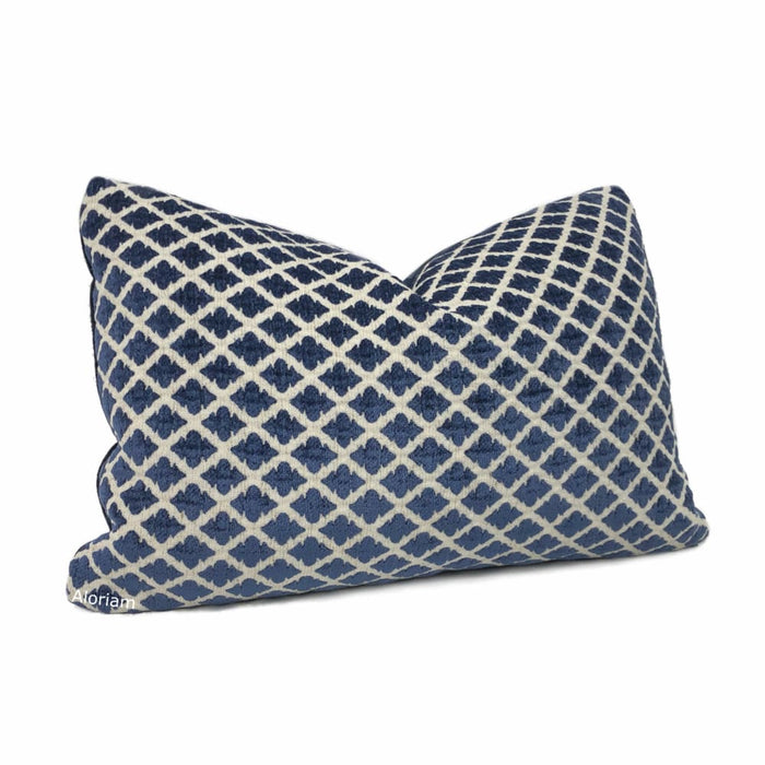 Highland Court Hartwell Indigo Blue Cream Diamond Geometric Chenille Velvet Pillow Cover - Aloriam