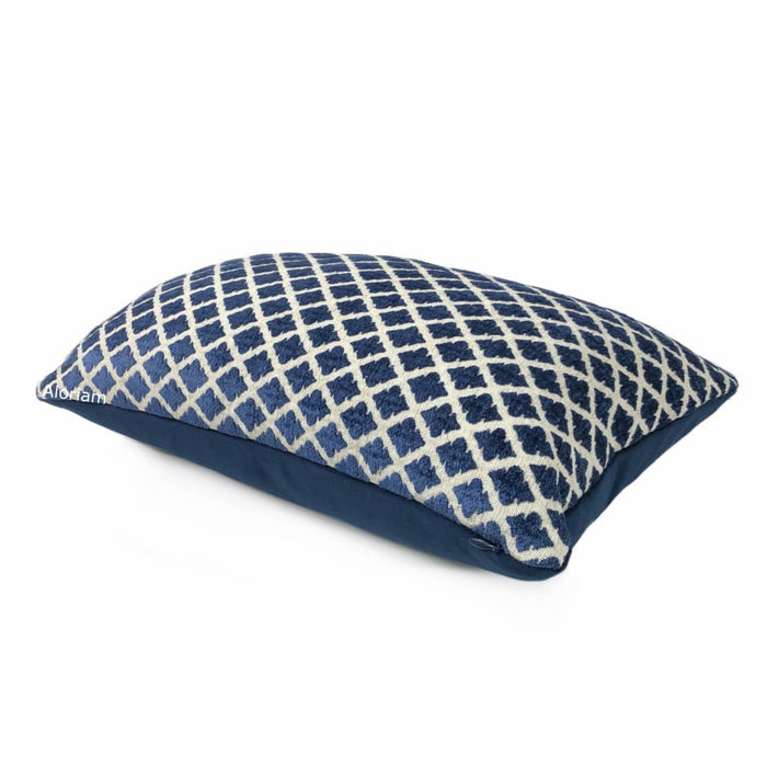 Highland Court Hartwell Indigo Blue Cream Diamond Geometric Chenille Velvet Pillow Cover - Aloriam