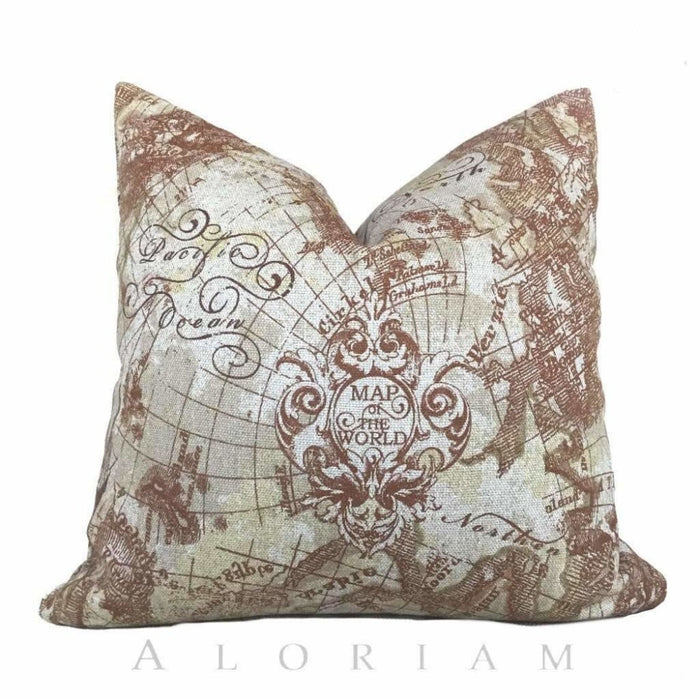 Antique Old World Map Print Brown Beige Linen Pillow Cushion by Aloriam