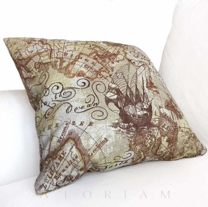 Antique Old World Map Print Brown Beige Linen Pillow Cushion by Aloriam