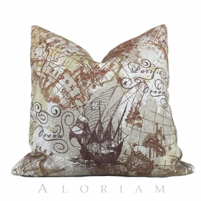 Antique Old World Map Print Brown Beige Linen Pillow Cushion by Aloriam