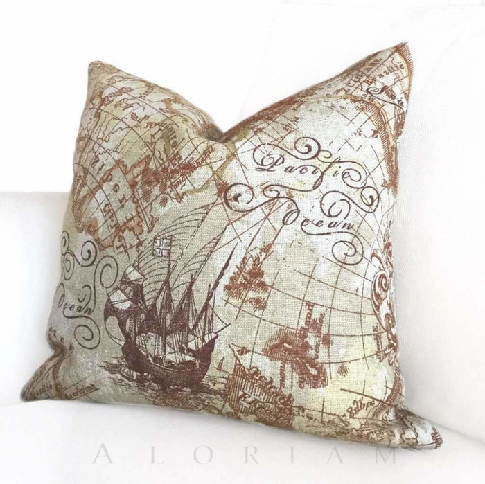 Antique Old World Map Print Brown Beige Linen Pillow Cushion by Aloriam