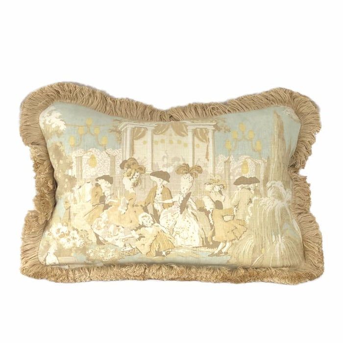 Versailles Cream Spa Blue Toile Pillow Cover with Brush Fringe Trim - Aloriam