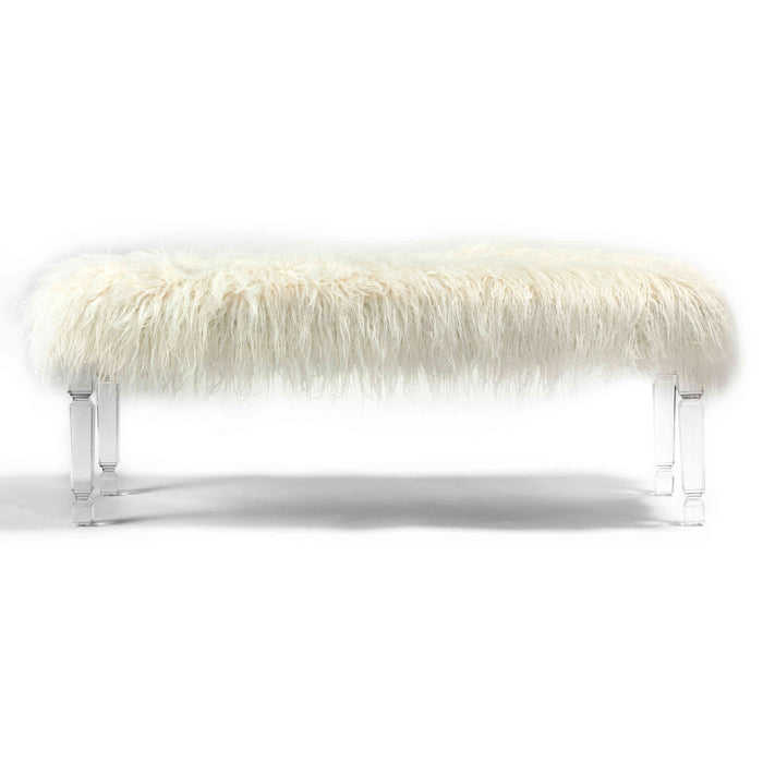 Cortesi Home Eleanor Bench Ottoman, White Faux Fur with Acrylic Legs