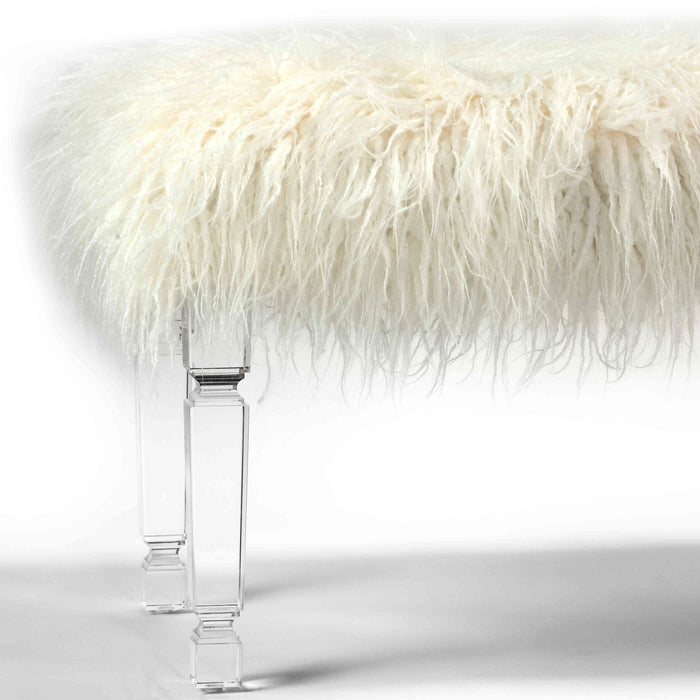 Cortesi Home Eleanor Bench Ottoman, White Faux Fur with Acrylic Legs