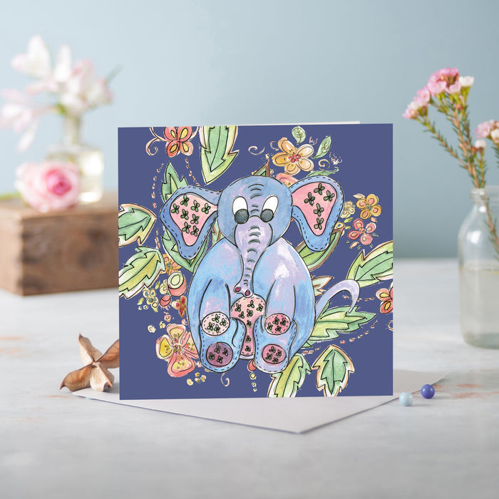 Cottage Floral Blue Nova Elephant Greeting Card - Pack of 6