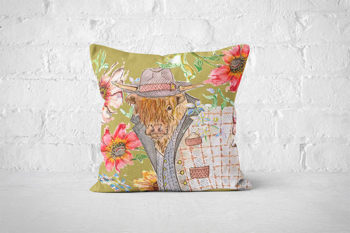 Cottage Floral Highland Cow Cushion