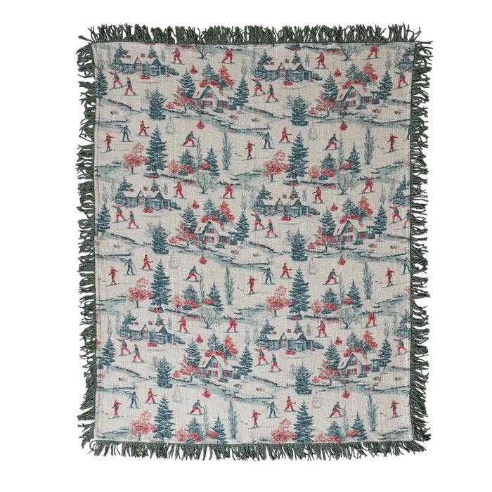 Cotton Slub Printed Throw with Ski Scene & Bullion Fringe