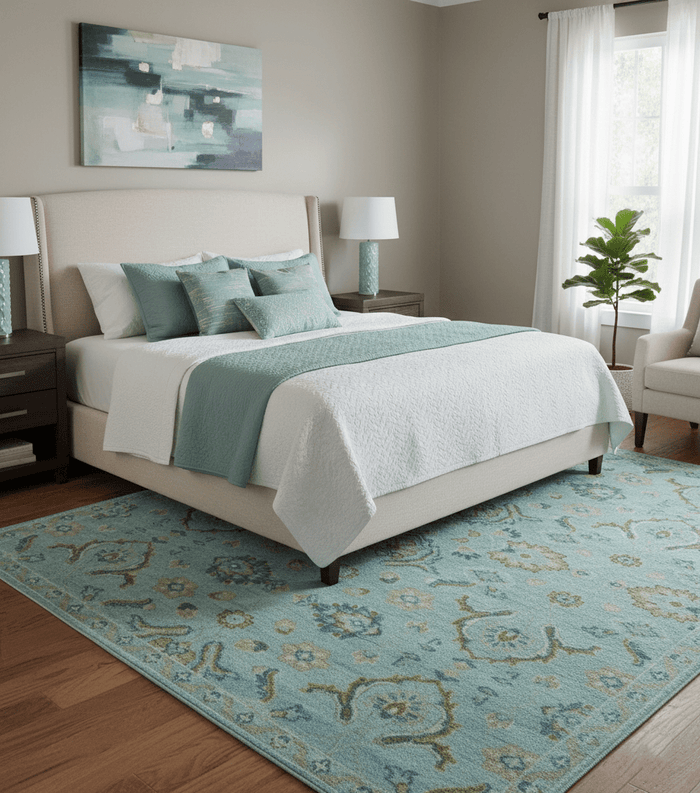 Custom Made Blue And Olive Traditional Oriental Design Hand knotted Wool Area Rug - The Rug Decor