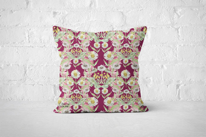 Deep Plum Daisies Bloom Patterned Outdoor Cushion