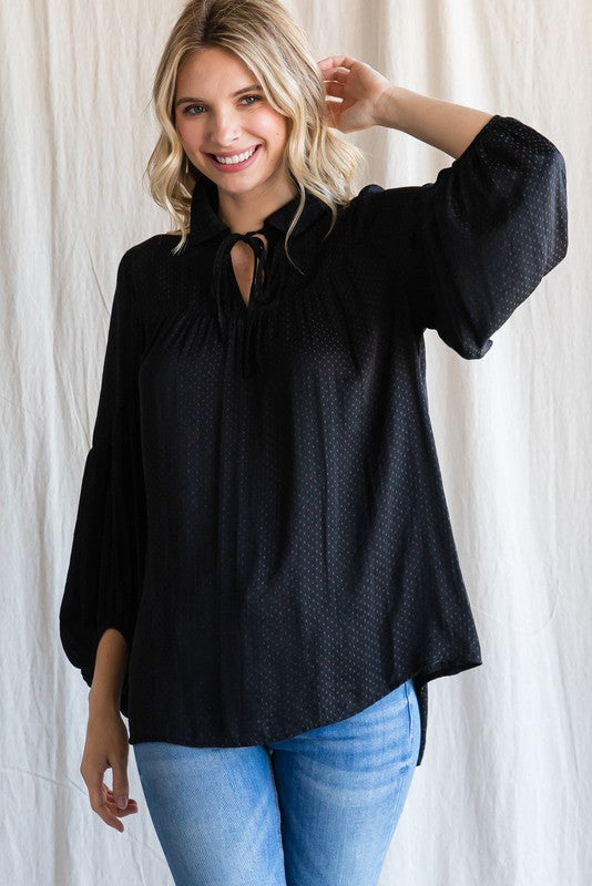 Dot Print Collared Double Self-Tie Top