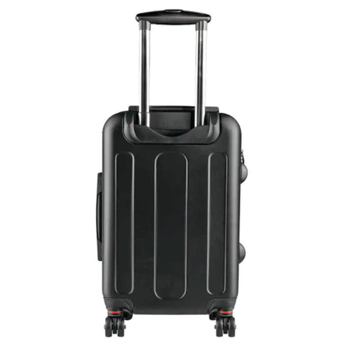 Black suitcase with wheels on a white background