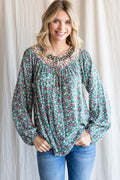 Floral Self-Tie Neck Long Sleeves Top