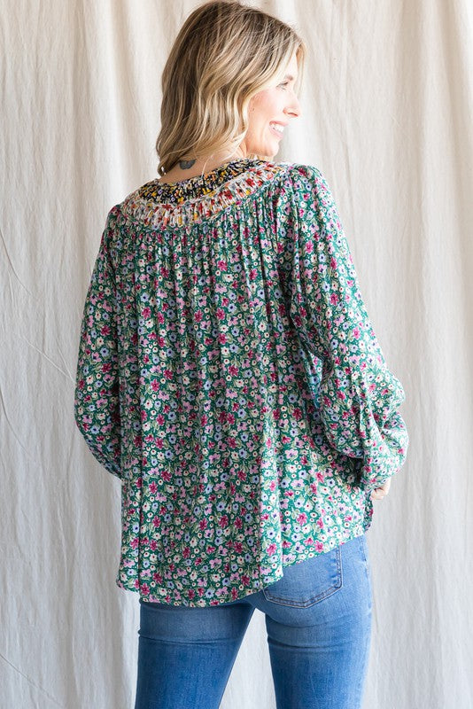 Floral Self-Tie Neck Long Sleeves Top