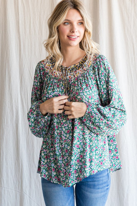 Floral Self-Tie Neck Long Sleeves Top