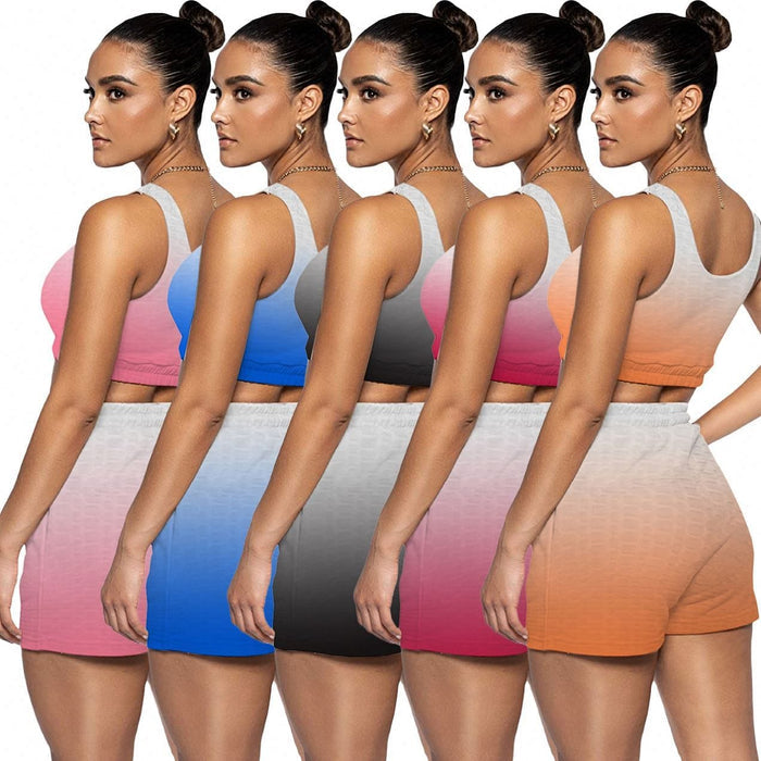 New Arrivals Summer Gradient Tank Crop Top 2 Piece Biker Shorts Set Joggers Wpmens Short Pants Two Piece Set