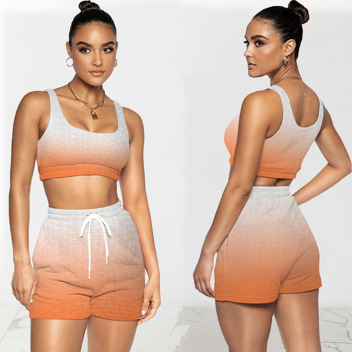 New Arrivals Summer Gradient Tank Crop Top 2 Piece Biker Shorts Set Joggers Wpmens Short Pants Two Piece Set