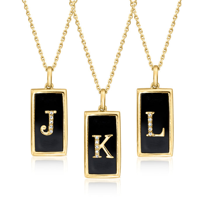 Gold initial pendant necklace with black onyx rectangles and diamond letters J, K, L