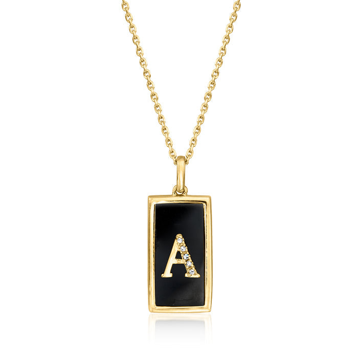 Gold initial pendant necklace with black onyx rectangle and diamond letter A